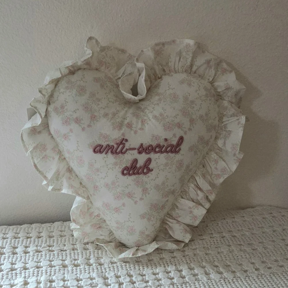 Stylehouse Anti Social Club Pink Floral Embroidered Ruffled Heart Pillow